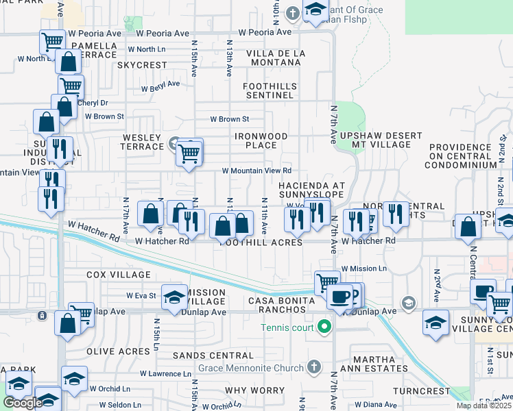 map of restaurants, bars, coffee shops, grocery stores, and more near 1109 West Vogel Avenue in Phoenix