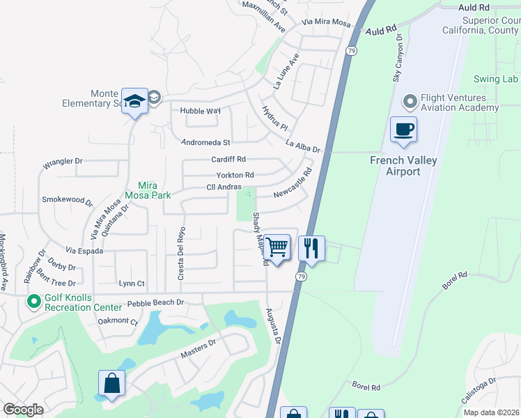 map of restaurants, bars, coffee shops, grocery stores, and more near 29785 Calle Andras in Murrieta