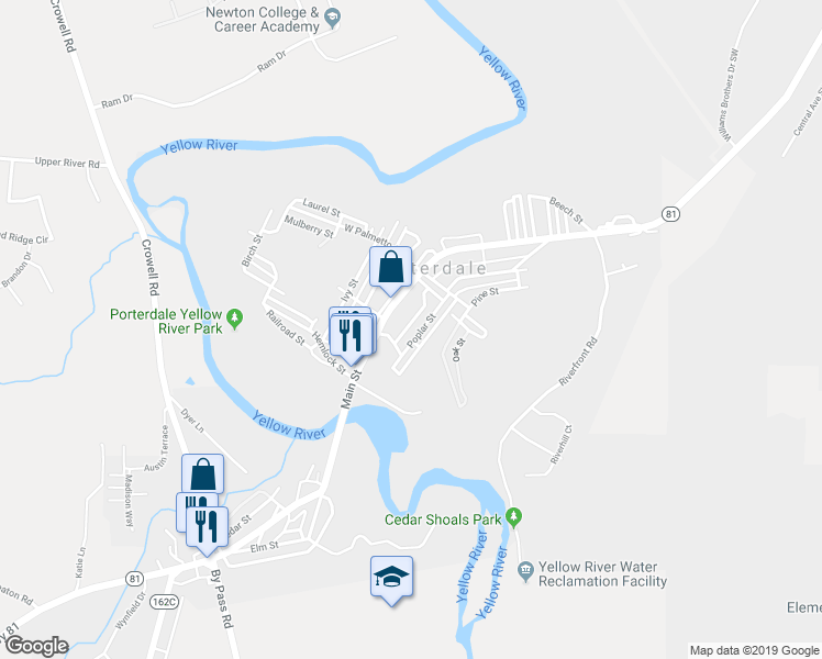 map of restaurants, bars, coffee shops, grocery stores, and more near 11 Poplar Street in Porterdale