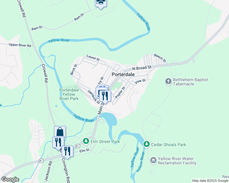 map of restaurants, bars, coffee shops, grocery stores, and more near 2 North Broad Street in Porterdale