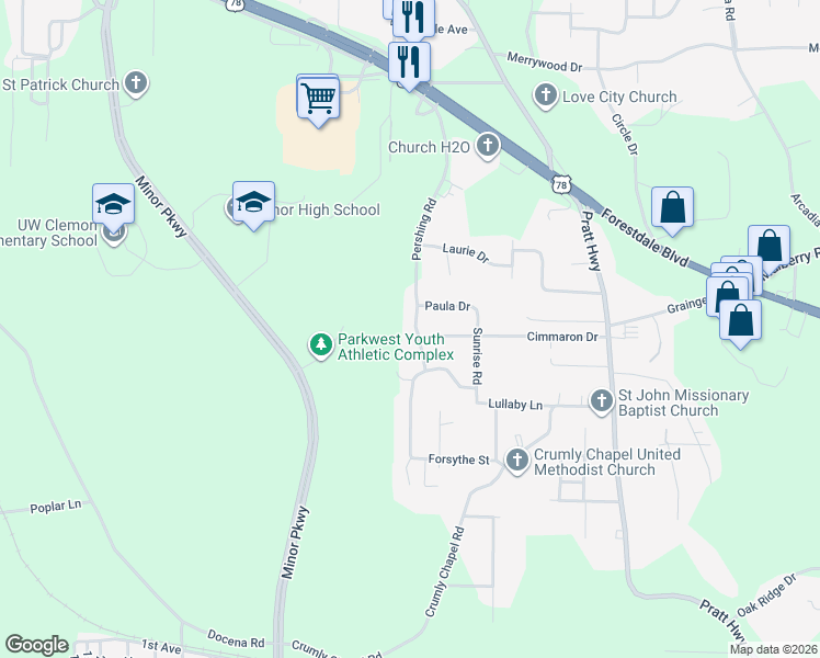 map of restaurants, bars, coffee shops, grocery stores, and more near 444 Cimmaron Drive in Birmingham
