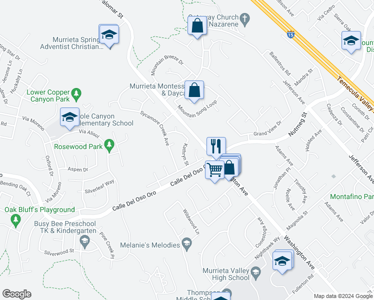 map of restaurants, bars, coffee shops, grocery stores, and more near 23650 Kathryn Street in Murrieta