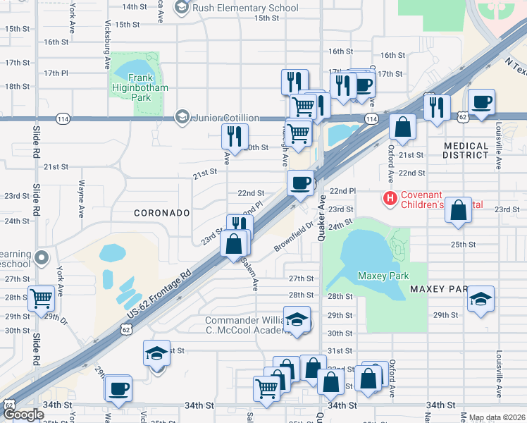 map of restaurants, bars, coffee shops, grocery stores, and more near 4442 U.S. 82 Frontage Road in Lubbock