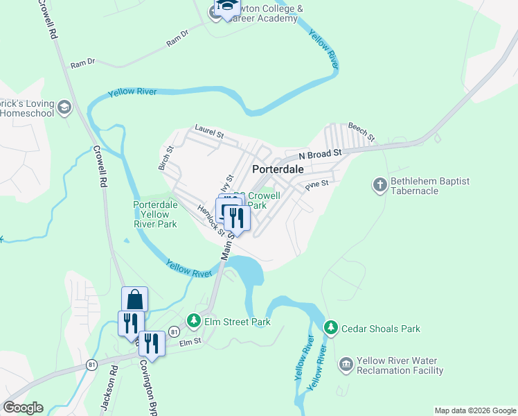 map of restaurants, bars, coffee shops, grocery stores, and more near 2 North Broad Street in Porterdale