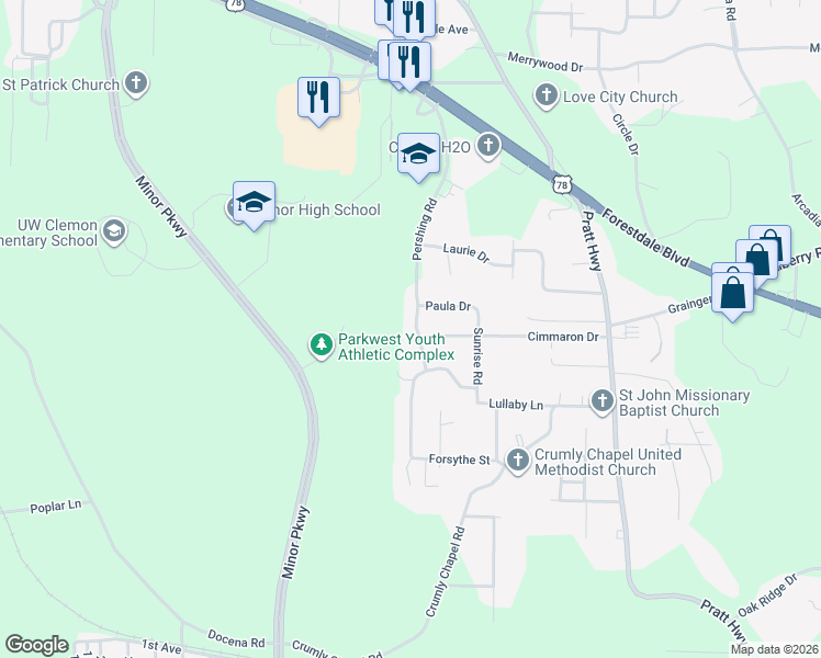 map of restaurants, bars, coffee shops, grocery stores, and more near 444 Cimmaron Drive in Birmingham
