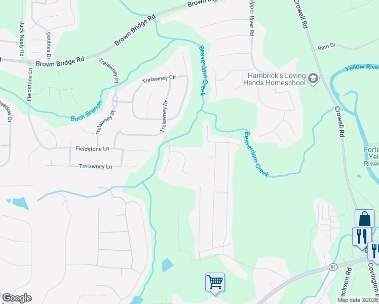 map of restaurants, bars, coffee shops, grocery stores, and more near 55 Havenwood Lane in Covington
