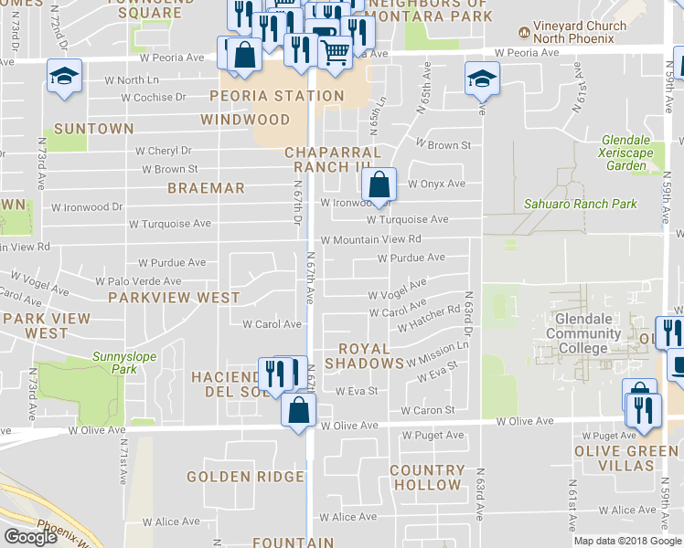 map of restaurants, bars, coffee shops, grocery stores, and more near 6602 West Palo Verde Avenue in Glendale