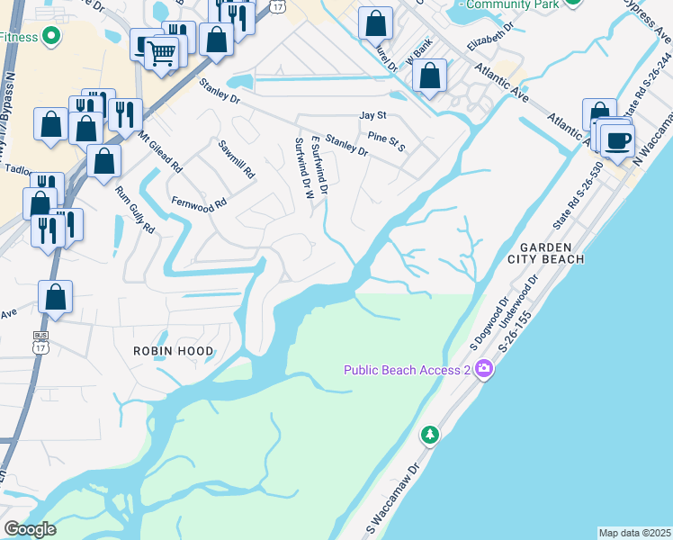map of restaurants, bars, coffee shops, grocery stores, and more near 660 N Creekside Dr in Murrells Inlet