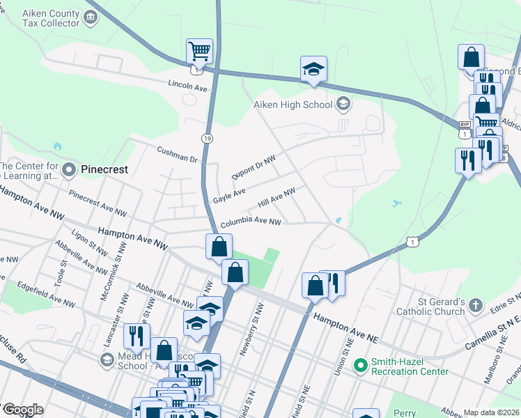 map of restaurants, bars, coffee shops, grocery stores, and more near 323 Hill Avenue Northwest in Aiken