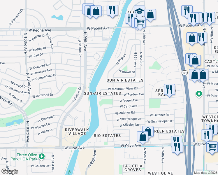 map of restaurants, bars, coffee shops, grocery stores, and more near 9722 West Mountain View Road in Peoria