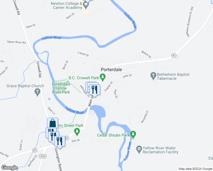 map of restaurants, bars, coffee shops, grocery stores, and more near 11 Poplar Street in Porterdale