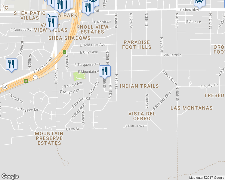 map of restaurants, bars, coffee shops, grocery stores, and more near 9435 North 35th Place in Phoenix