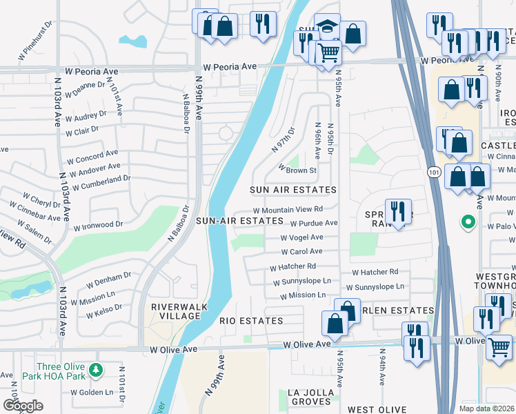 map of restaurants, bars, coffee shops, grocery stores, and more near 9722 West Mountain View Road in Peoria