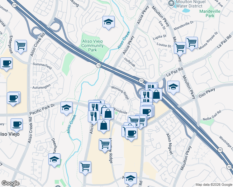 map of restaurants, bars, coffee shops, grocery stores, and more near Rambling Lane in Aliso Viejo