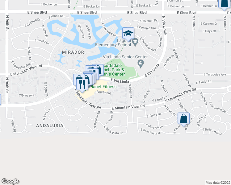 map of restaurants, bars, coffee shops, grocery stores, and more near 10255 East Vía Linda in Scottsdale