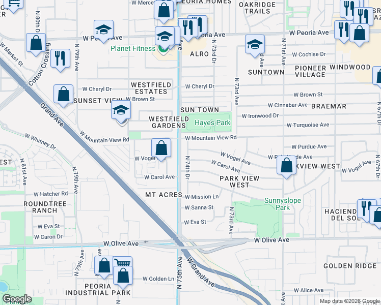 map of restaurants, bars, coffee shops, grocery stores, and more near 7447 West Vogel Avenue in Peoria