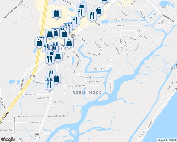 map of restaurants, bars, coffee shops, grocery stores, and more near 599 Old Field Road in Murrells Inlet