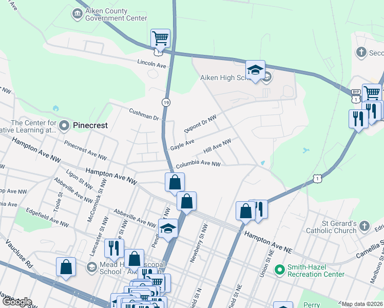 map of restaurants, bars, coffee shops, grocery stores, and more near 354 Hill Avenue Northwest in Aiken