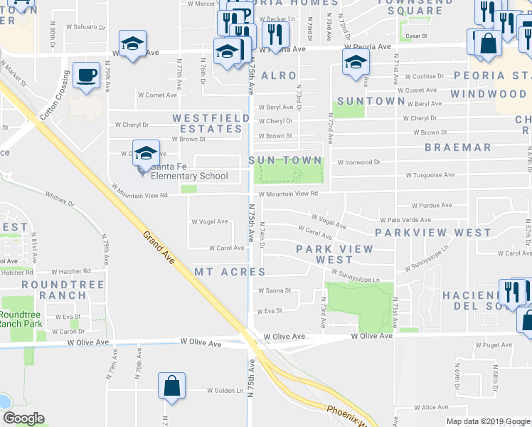 map of restaurants, bars, coffee shops, grocery stores, and more near 7447 West Vogel Avenue in Peoria