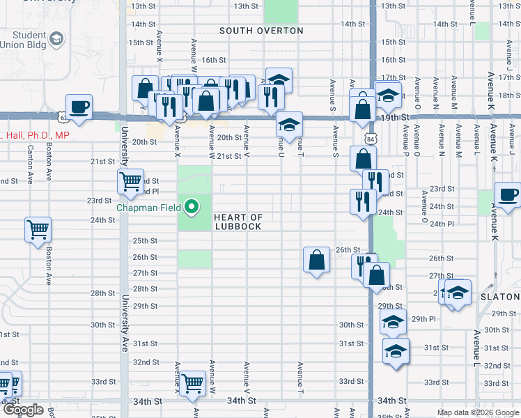 map of restaurants, bars, coffee shops, grocery stores, and more near 2114 24th Street in Lubbock