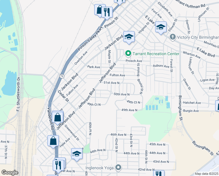 map of restaurants, bars, coffee shops, grocery stores, and more near 5012 41st Way North in Birmingham