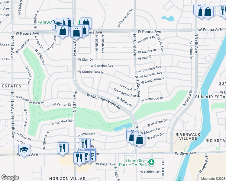 map of restaurants, bars, coffee shops, grocery stores, and more near 10431 West Cinnebar Avenue in Sun City