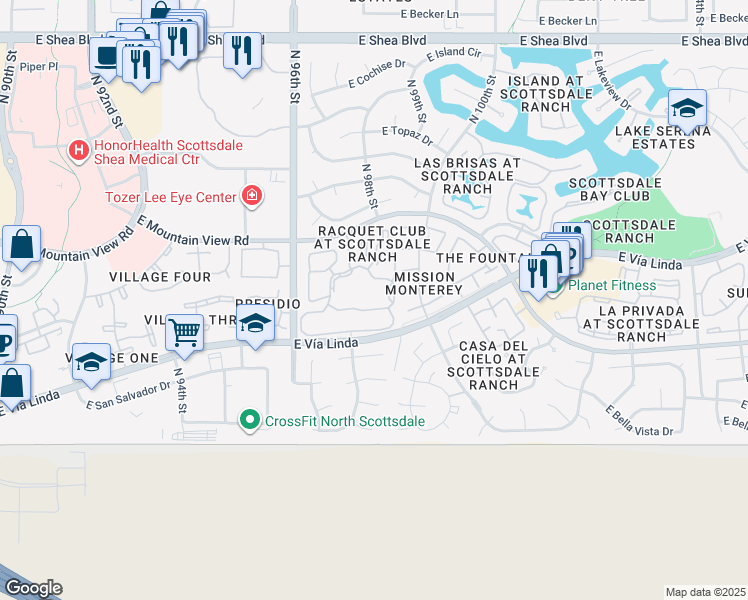 map of restaurants, bars, coffee shops, grocery stores, and more near 9707 East Mountain View Road in Scottsdale