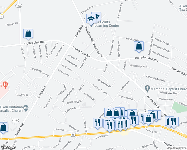 map of restaurants, bars, coffee shops, grocery stores, and more near 3410 Westmont Drive in Aiken