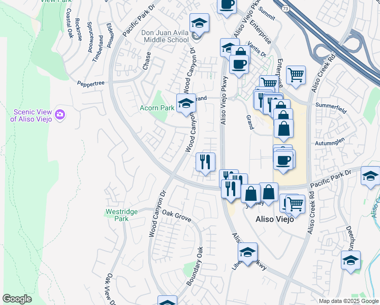 map of restaurants, bars, coffee shops, grocery stores, and more near 71 Plateau in Aliso Viejo