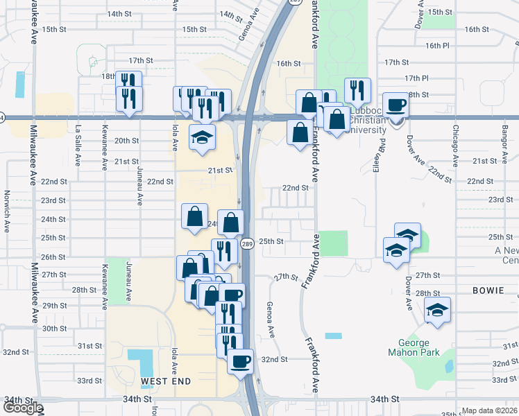 map of restaurants, bars, coffee shops, grocery stores, and more near 5818 24th St in Lubbock