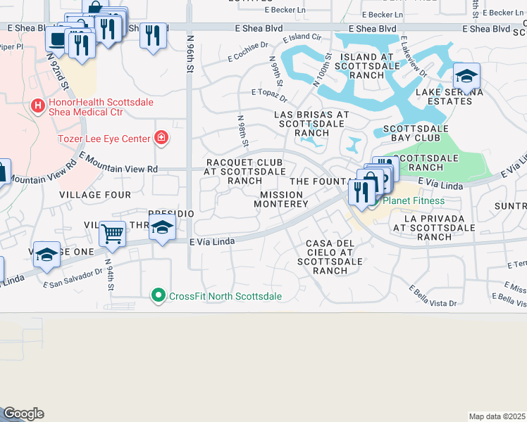 map of restaurants, bars, coffee shops, grocery stores, and more near 9985 East Fanfol Drive in Scottsdale