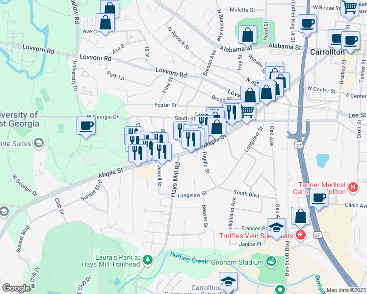 map of restaurants, bars, coffee shops, grocery stores, and more near 1027 Maple Street in Carrollton