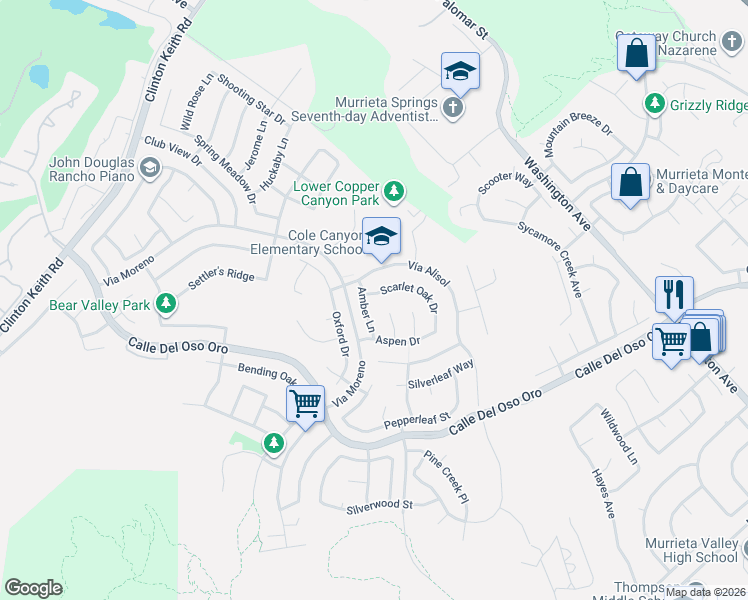 map of restaurants, bars, coffee shops, grocery stores, and more near 23725 Scarlet Oak Drive in Murrieta
