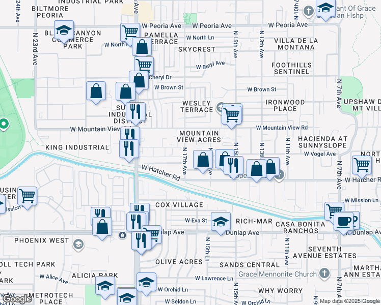 map of restaurants, bars, coffee shops, grocery stores, and more near 9443 North 17th Avenue in Phoenix