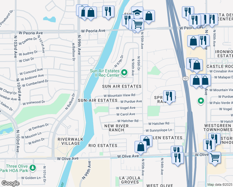 map of restaurants, bars, coffee shops, grocery stores, and more near 9656 West Mountain View Road in Peoria