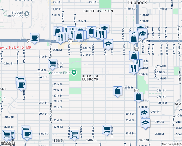 map of restaurants, bars, coffee shops, grocery stores, and more near 2204 24th Street in Lubbock