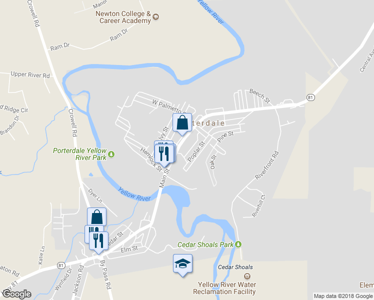 map of restaurants, bars, coffee shops, grocery stores, and more near 2 North Broad Street in Porterdale
