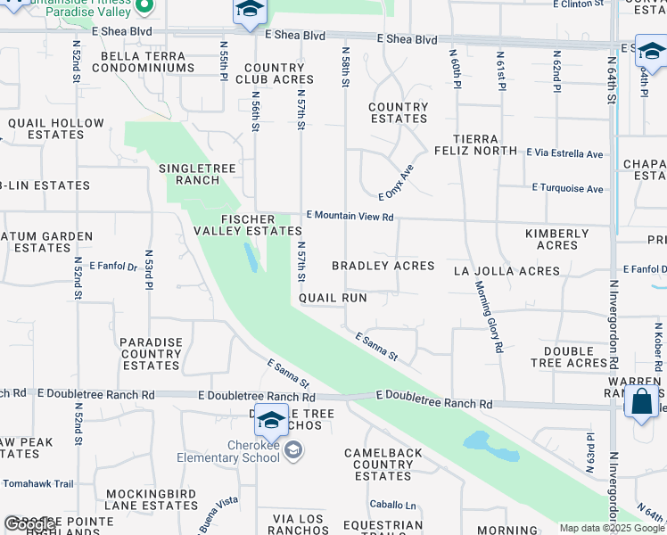 map of restaurants, bars, coffee shops, grocery stores, and more near 9308 North 58th Street in Paradise Valley