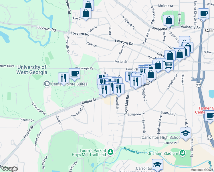 map of restaurants, bars, coffee shops, grocery stores, and more near 123 Cunningham Drive in Carrollton