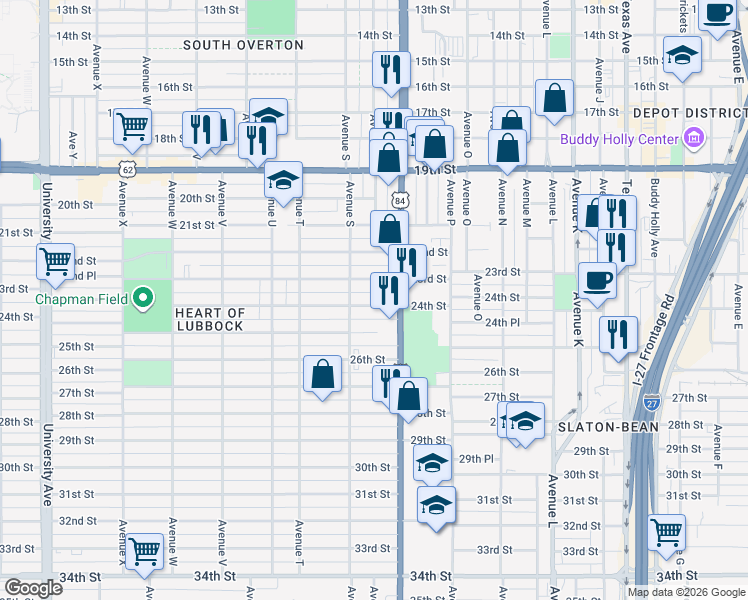 map of restaurants, bars, coffee shops, grocery stores, and more near 1709 24th Street in Lubbock