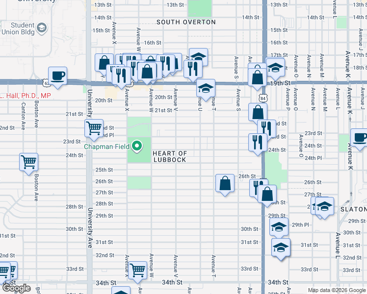 map of restaurants, bars, coffee shops, grocery stores, and more near 2114 24th Street in Lubbock