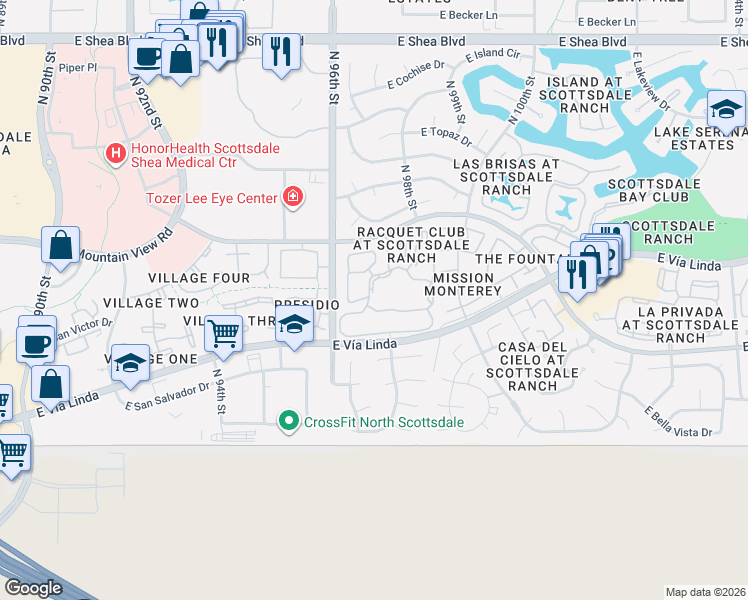 map of restaurants, bars, coffee shops, grocery stores, and more near 9705-9711 East Vía Linda in Scottsdale