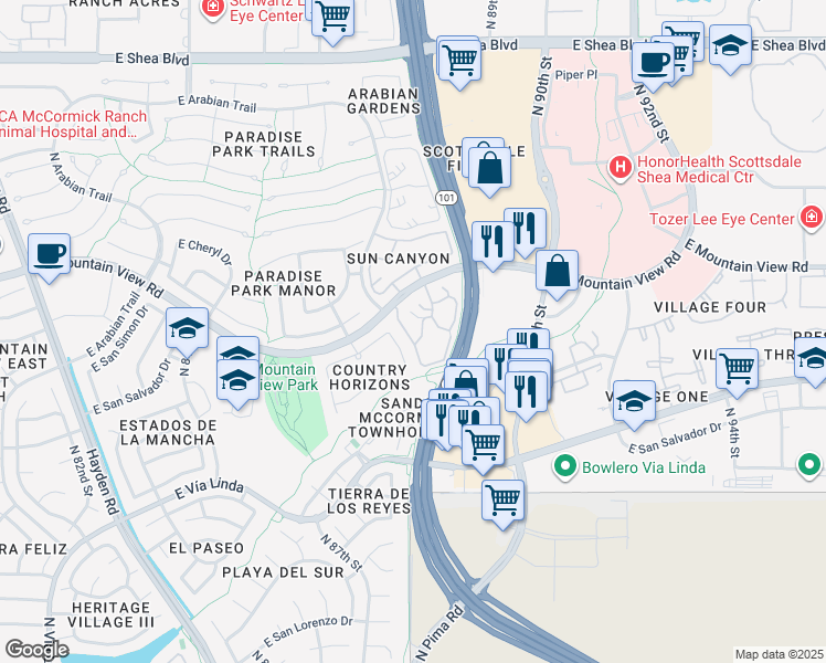 map of restaurants, bars, coffee shops, grocery stores, and more near 8787 East Mountain View Road in Scottsdale