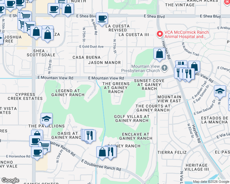 map of restaurants, bars, coffee shops, grocery stores, and more near 7525 East Gainey Ranch Road in Scottsdale