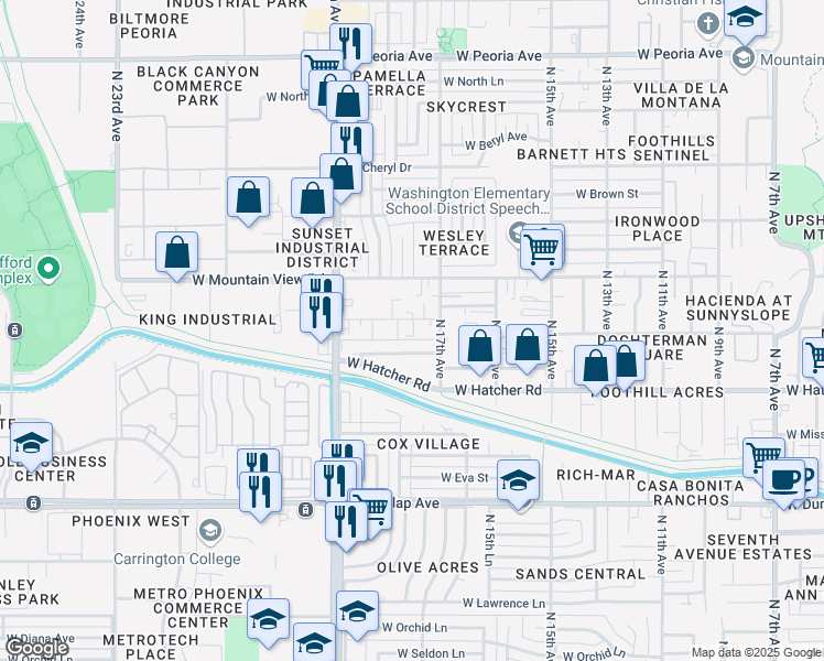 map of restaurants, bars, coffee shops, grocery stores, and more near 1722 West Carol Avenue in Phoenix