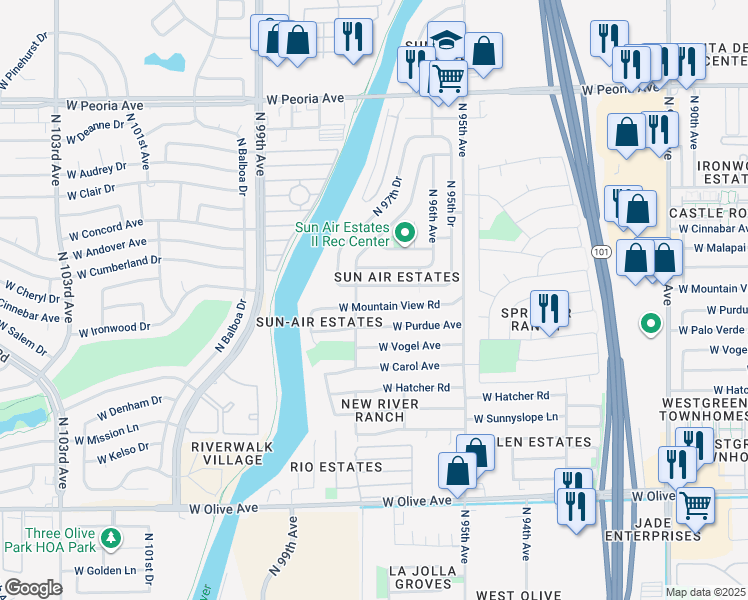 map of restaurants, bars, coffee shops, grocery stores, and more near 9656 West Mountain View Road in Peoria