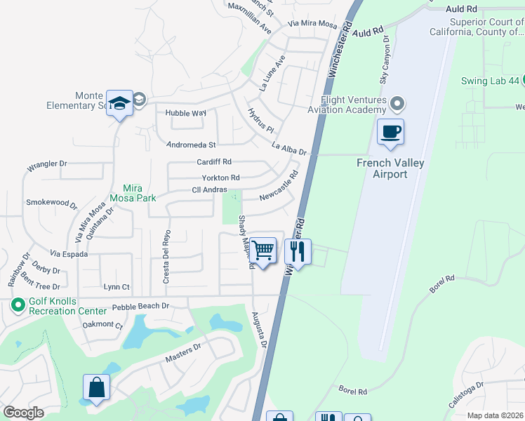 map of restaurants, bars, coffee shops, grocery stores, and more near 29900 Sycamore Ridge Road in Murrieta