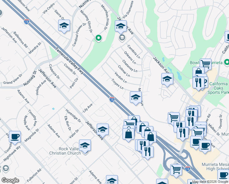 map of restaurants, bars, coffee shops, grocery stores, and more near 41189 Vincennes Court in Murrieta