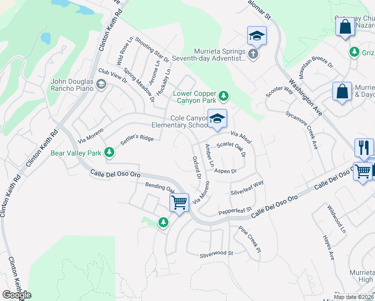 map of restaurants, bars, coffee shops, grocery stores, and more near 37718 Oxford Drive in Murrieta
