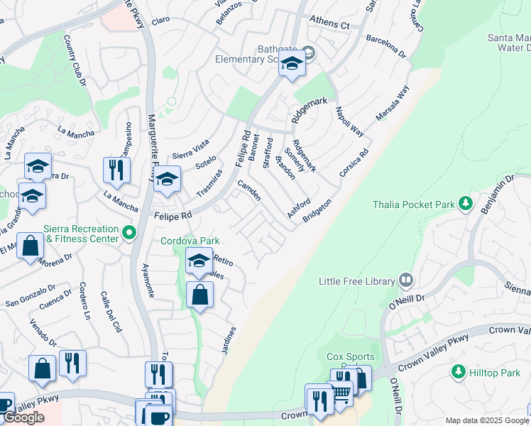 map of restaurants, bars, coffee shops, grocery stores, and more near 26840 Park Terrace Lane in Mission Viejo